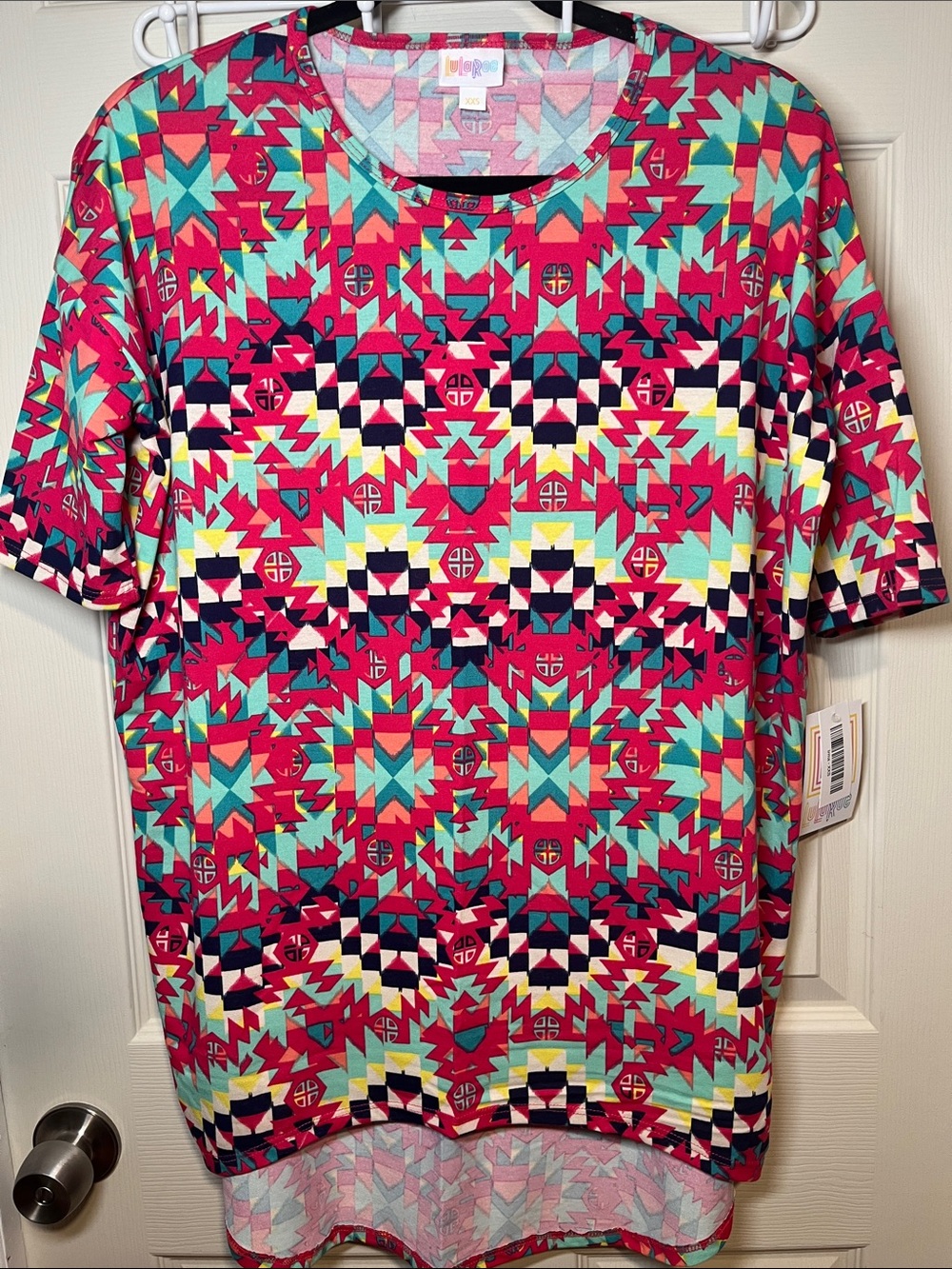 LuLaRoe Women’s Short Sleeve Irma Tunic in Hot Pink, Aqua, Yellow, Black